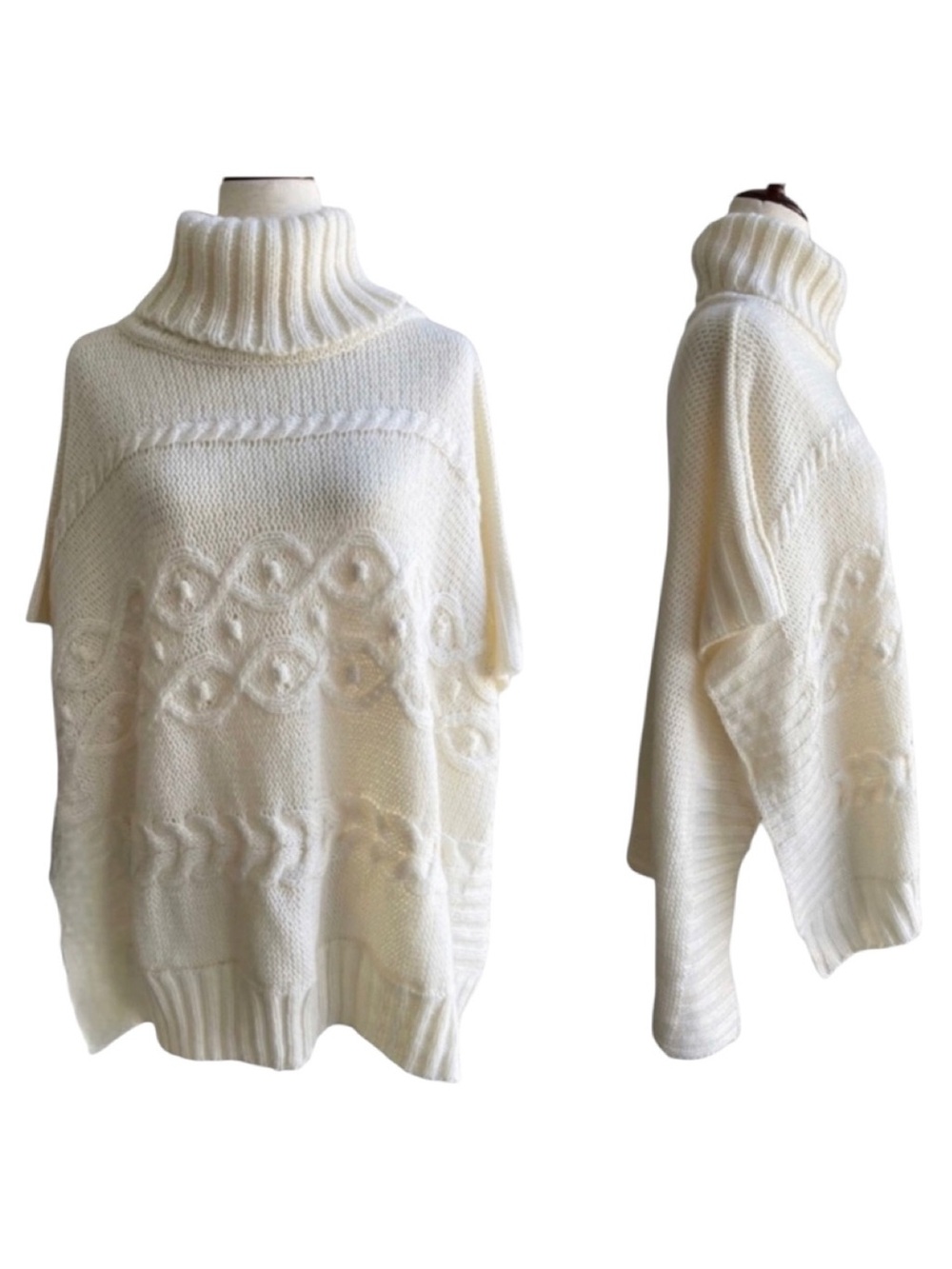 LOFT Short Sleeve Turtleneck Poncho Sweater Cottagecore Cream NWT